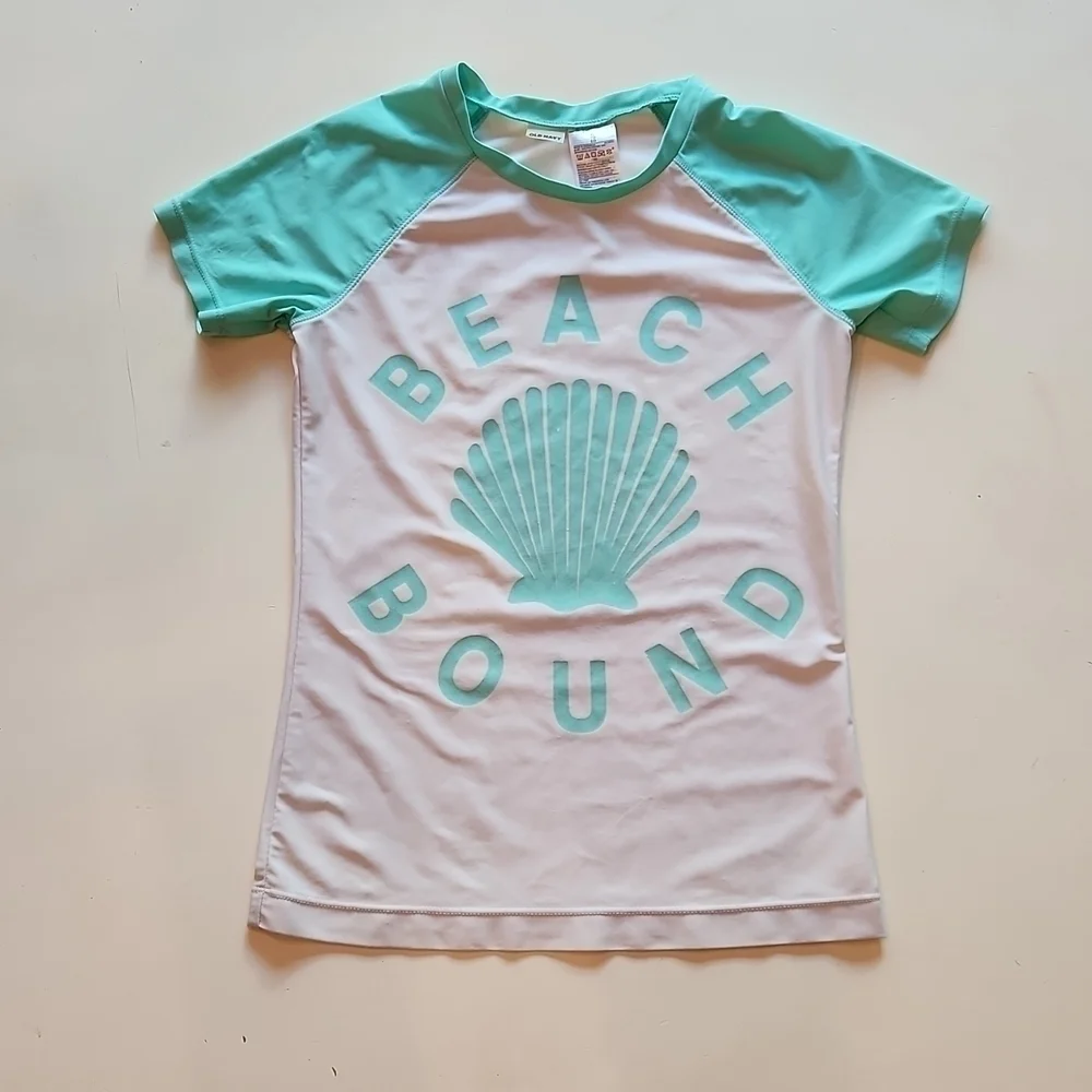 Old Navy Beach Bound Seashell Rash Guard Swim Shirt White Mint Green XL
